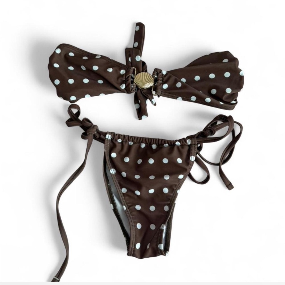 Brown polka dot Bikini Set with cover up skirt Size XS Summer Beach